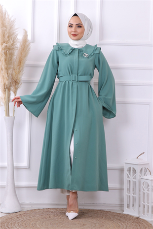 Bronş Detaylı Elbise Yeşil