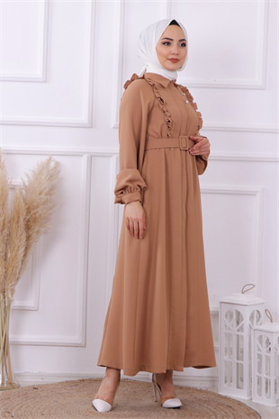 Bronşlu Elbise Camel