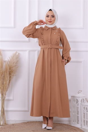 Bronşlu Elbise Camel