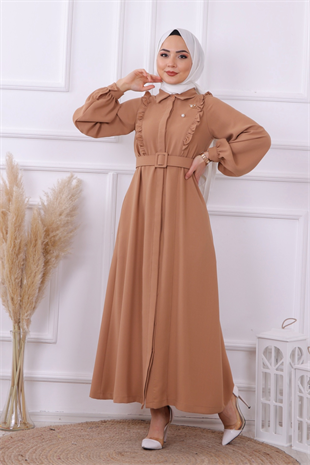 Bronşlu Elbise Camel