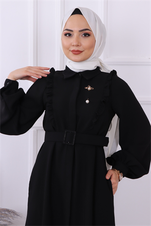 Bronşlu Elbise Siyah