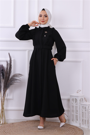 Bronşlu Elbise Siyah