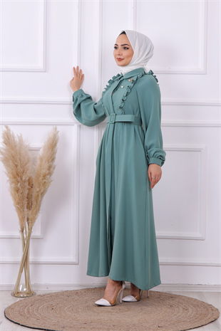 Bronşlu Elbise Yeşil