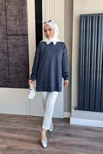 Modal Kumaş Taşlı Sweat Füme
