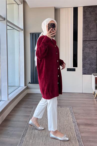 Kalp Düğmeli Yumoş Hırka Bordo