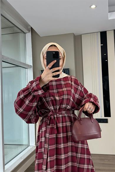 Ekose Desen Elbise Bordo