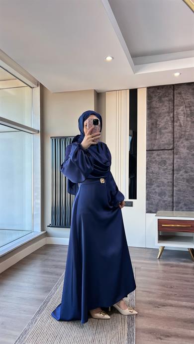 Kemerli Kuyruklu Saten Elbise Lacivert