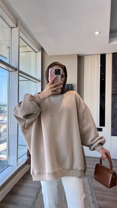 Üç İplik Kumaş Sweat Bej
