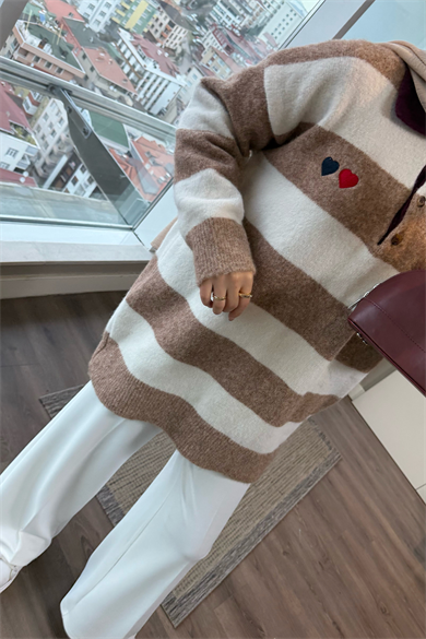 Polo Yaka Camel Beyaz Çizgili Yumoş Tunik