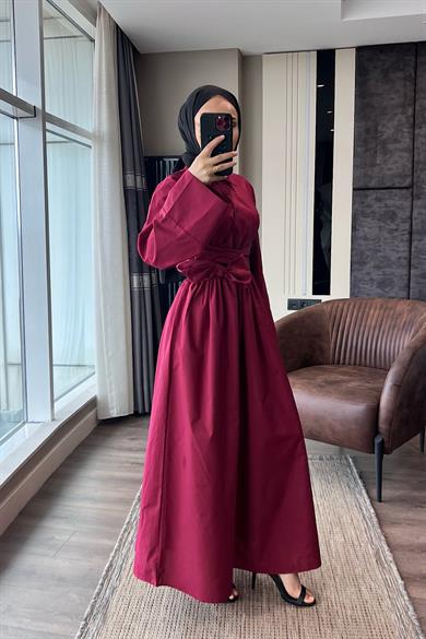 Bağlama Detaylı Poplin Elbise Bordo