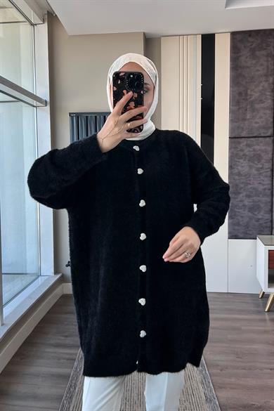 Kalp Düğmeli Yumoş Hırka Siyah