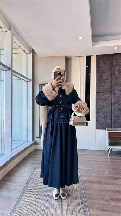 Manşet Kürk Detay Denim Takım Koyu Kot