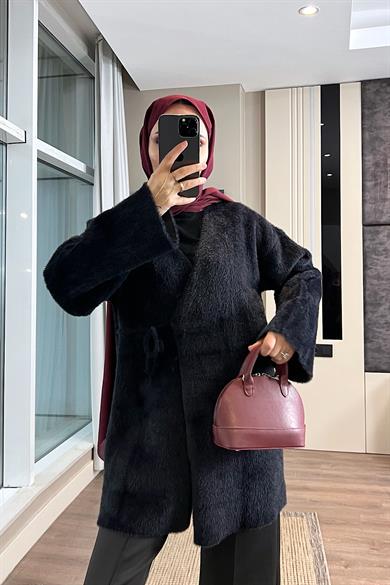 İçten Bağlama Detaylı Yumoş Hırka Siyah