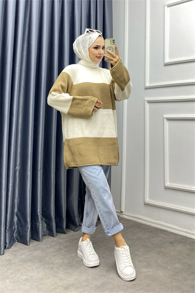 Camel Bej Çizgili Triko Tunik