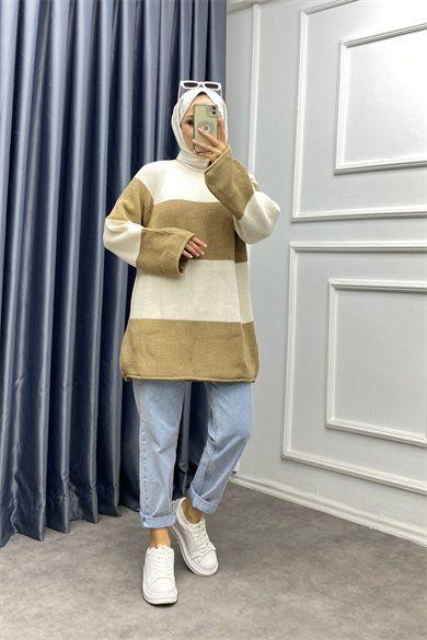 Camel Bej Çizgili Triko Tunik