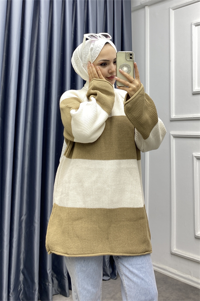 Camel Bej Çizgili Triko Tunik