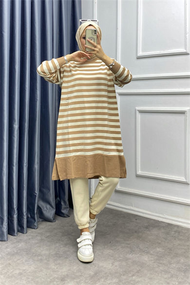 Camel Çizgili Triko Tunik