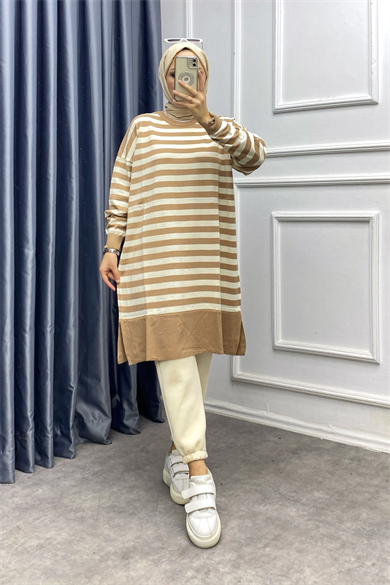 Camel Çizgili Triko Tunik