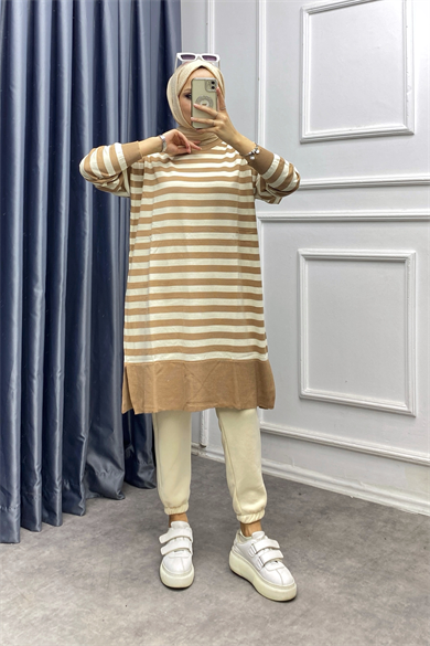 Camel Çizgili Triko Tunik