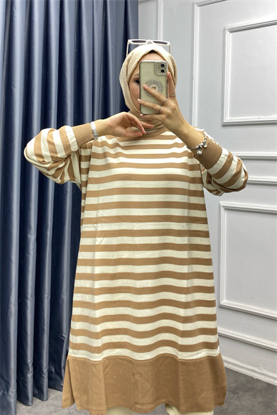 Camel Çizgili Triko Tunik