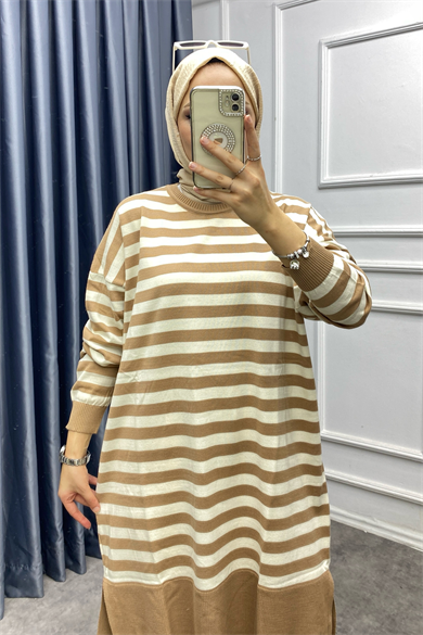 Camel Çizgili Triko Tunik