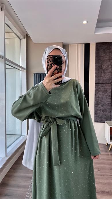 Taşlı Modal Elbise Yeşil