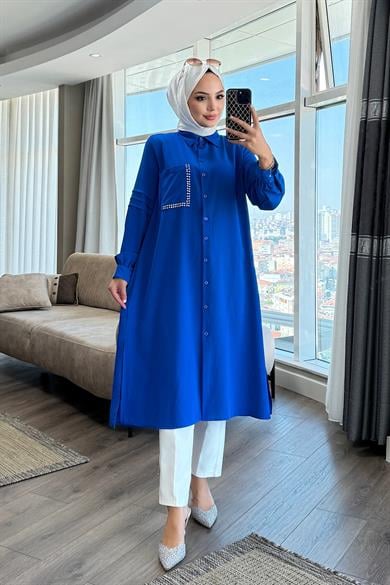 Cebi Taş Detaylı Tunik Saks Mavisi 