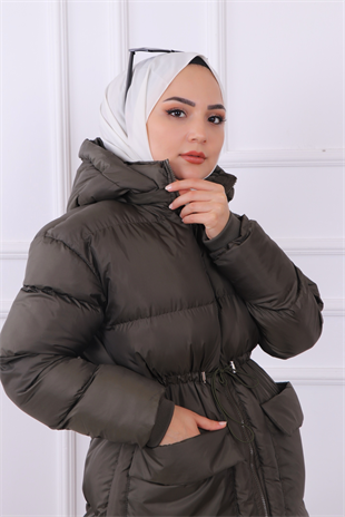Cep Detaylı Şişme Mont Haki Yeşili