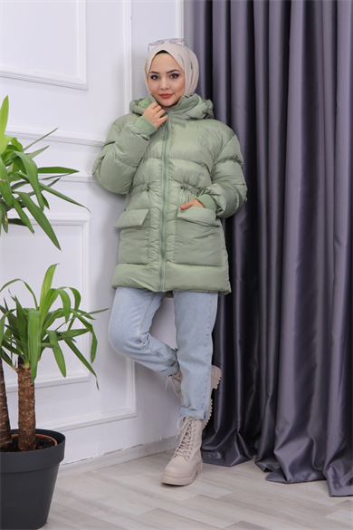Cep Detaylı Şişme Mont Mint Yeşili