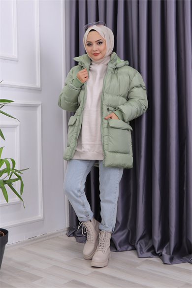Cep Detaylı Şişme Mont Mint Yeşili
