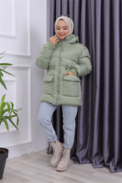 Cep Detaylı Şişme Mont Mint Yeşili
