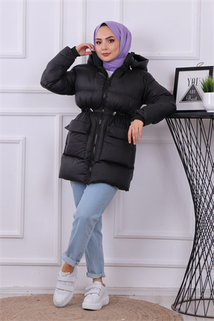 Cep Detaylı Şişme Mont Siyah