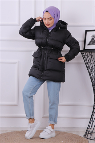 Cep Detaylı Şişme Mont Siyah
