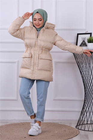 Cep Detaylı Şişme Mont Krem