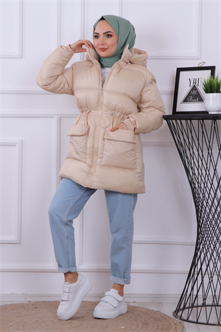 Cep Detaylı Şişme Mont Krem