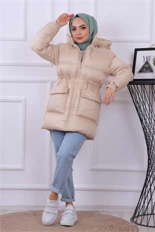 Cep Detaylı Şişme Mont Krem