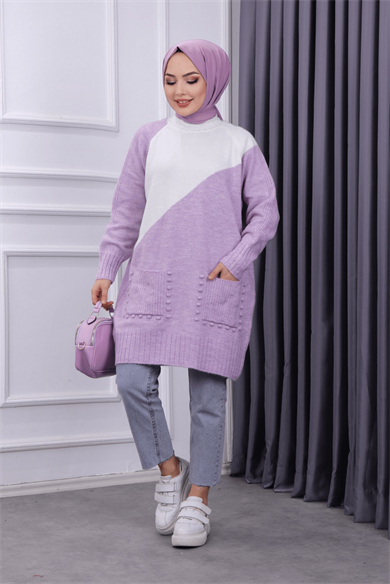 Cepleri Ponponlu Tunik Lila Krem