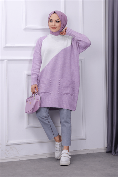 Cepleri Ponponlu Tunik Lila Krem