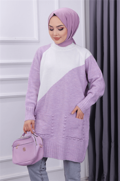 Cepleri Ponponlu Tunik Lila Krem