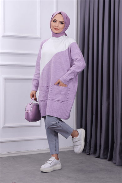 Cepleri Ponponlu Tunik Lila Krem