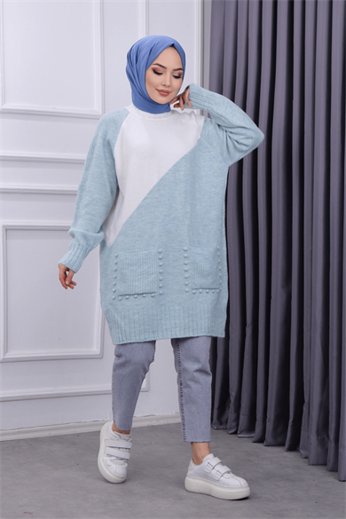 Cepleri Ponponlu Tunik Yeşil Krem