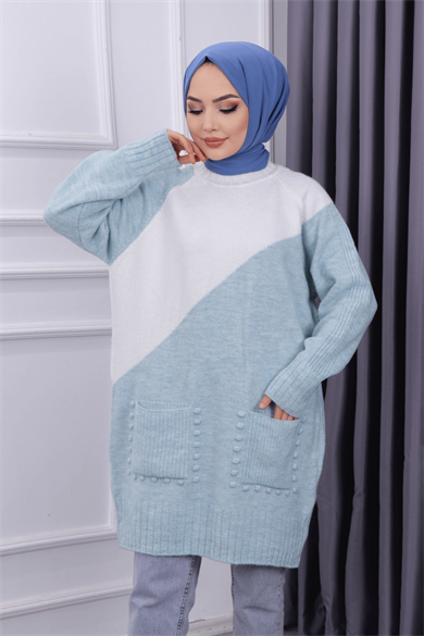 Cepleri Ponponlu Tunik Yeşil Krem