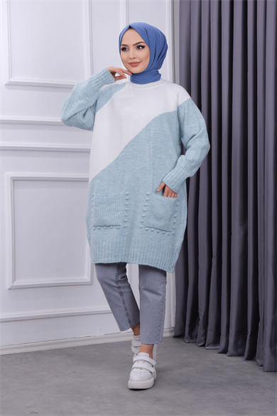Cepleri Ponponlu Tunik Yeşil Krem