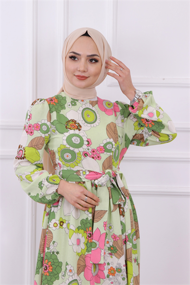 Çiçek Desen Keten Elbise Krem