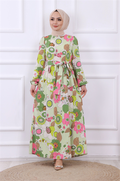 Çiçek Desen Keten Elbise Krem