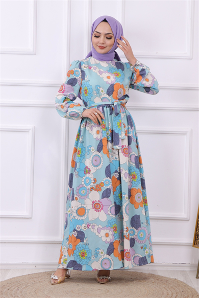 Çiçek Desen Keten Elbise Mavi