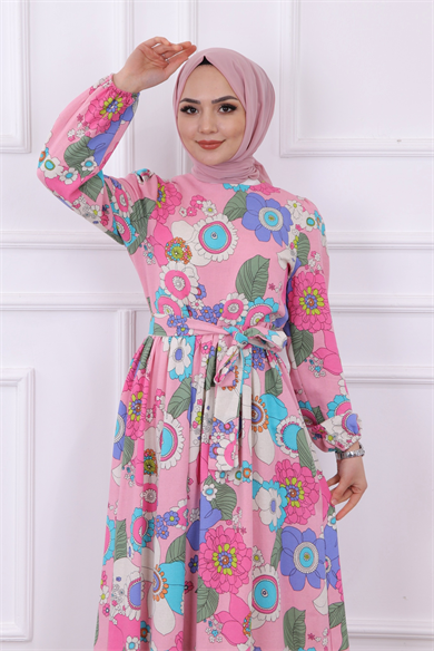 Çiçek Desen Keten Elbise Pembe