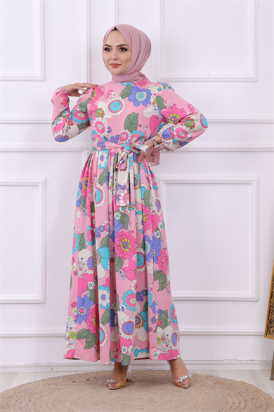 Çiçek Desen Keten Elbise Pembe