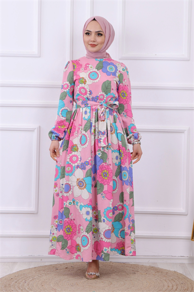 Çiçek Desen Keten Elbise Pembe