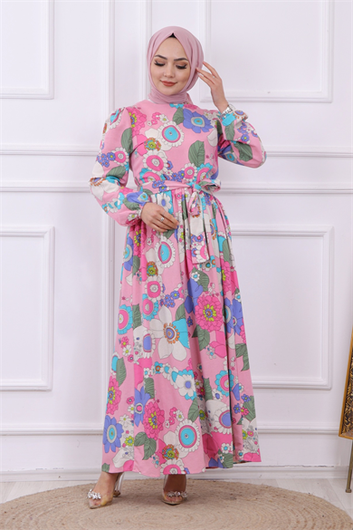 Çiçek Desen Keten Elbise Pembe